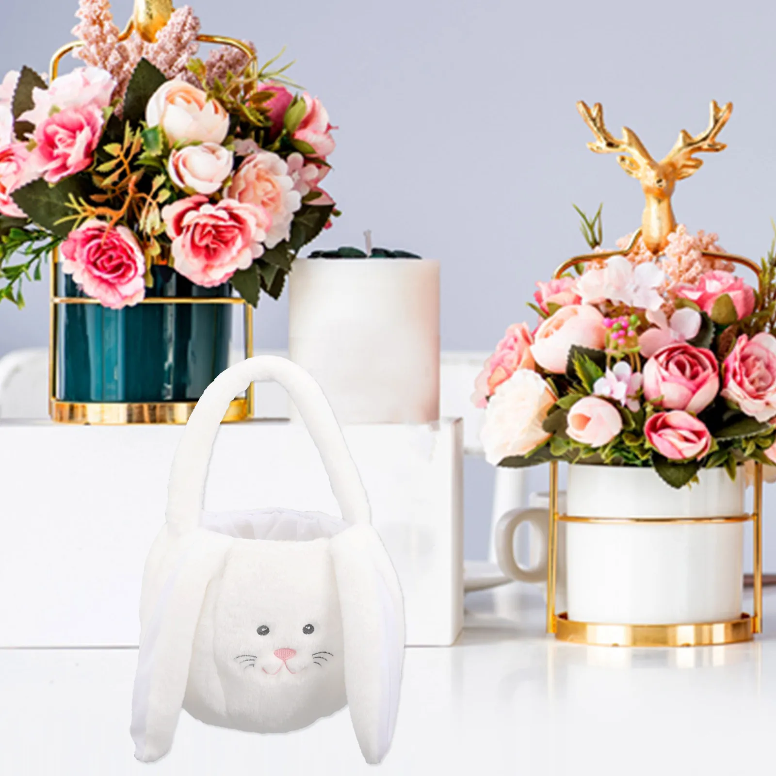 Easter Bunny Basket White Easter Themed Storage Basket Candy Container Handy Bucket Party Decor Gift Container
