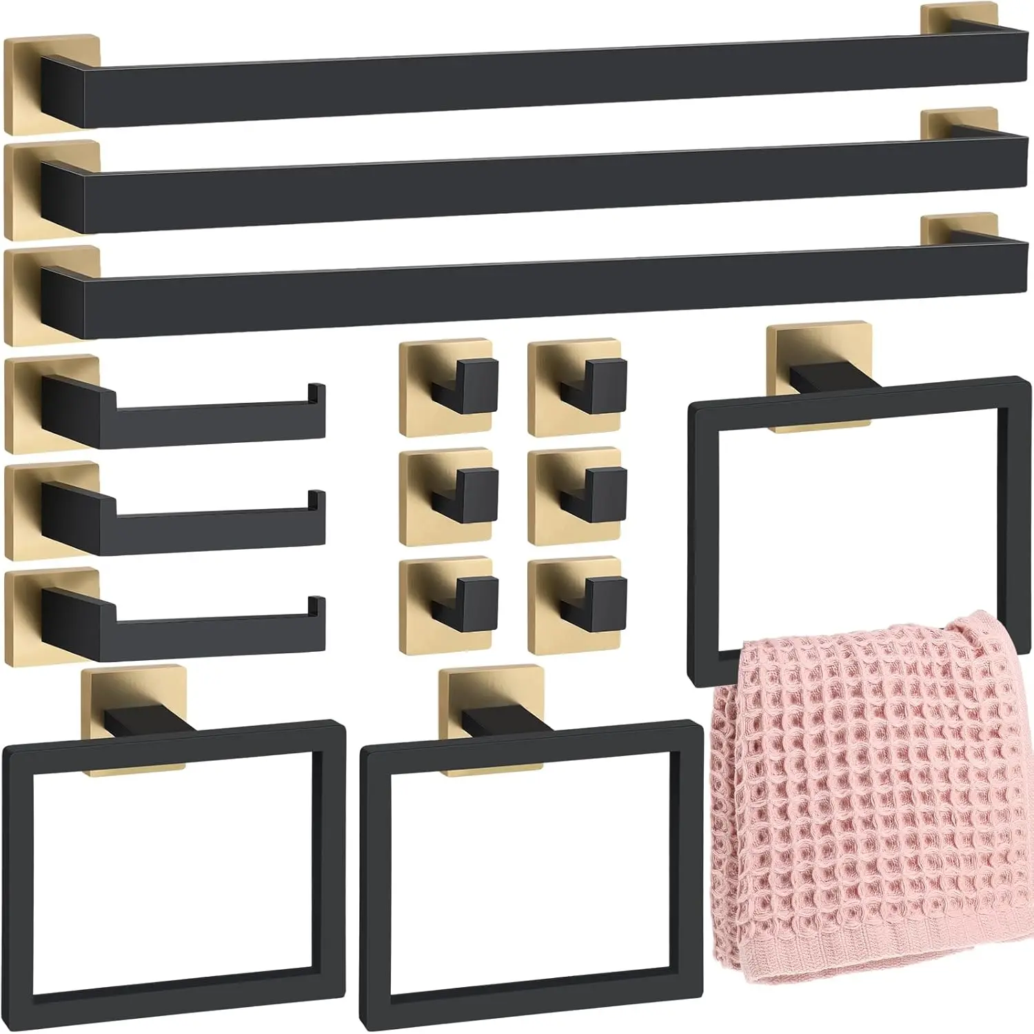 

15-Pcs Bathroom Set. 23.6" Towel Bar Kit. Stainless Steel. Racks, Ring, Hooks, Paper Holder. Wall-Mounted. Black/Gold.