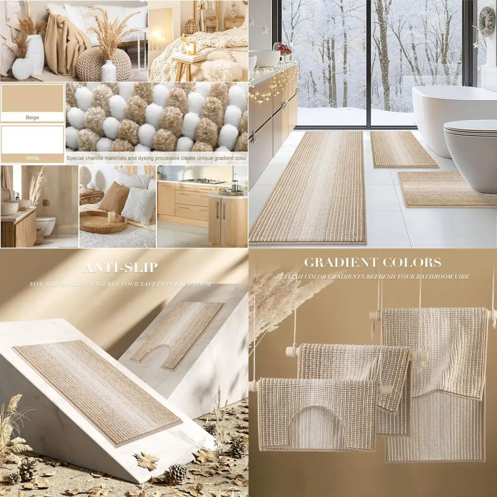 

3-Piece Striped Non-Slip Bath Mat Set with U-Shaped Toilet Rug and Chenille Shower Mat, Beige