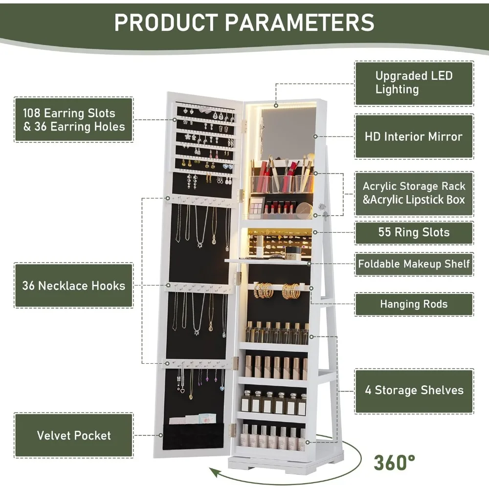 LED-Schmuckschrank mit Spiegel in voller Länge, abschließbarer Spiegel mit Stauraum und 3-farbigen Lichtern, 360 °   Drehbarer Schmuckschrank