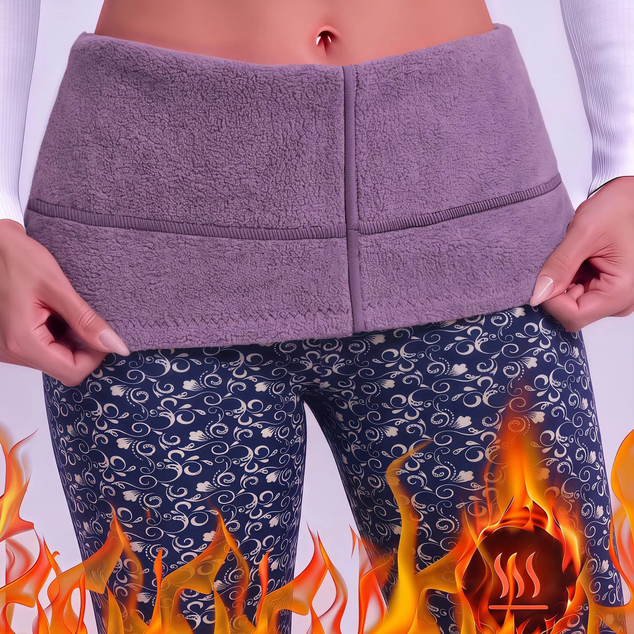 Damen-Leggings im Vintage-Stil mit Blumenmuster, hoher Taille, Fleece-Futter, dickes Korallen-Fleece, wärmend, Thermohose für Herbst und Winter. – Detail 3