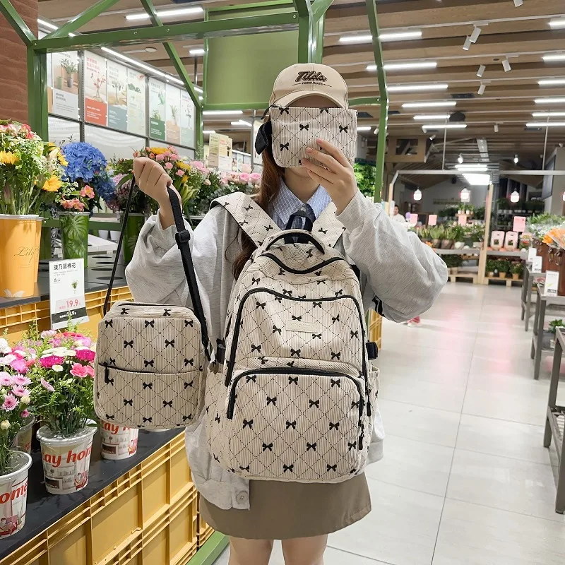 3 Piece High Beauty Bow Backpack for Girls Large Capacity Casual Schoolbag Set Daypack