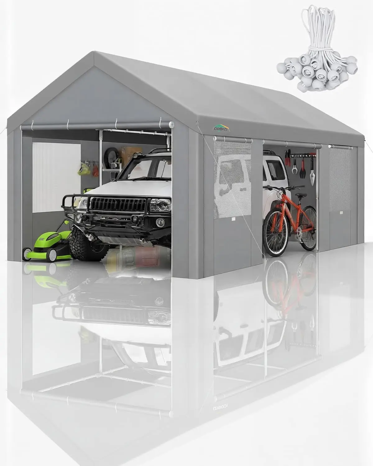Carport Canopy with Roll-up Windows, Storage Tent with Removable Sidewalls & Doors Car Boat Truck, Gray