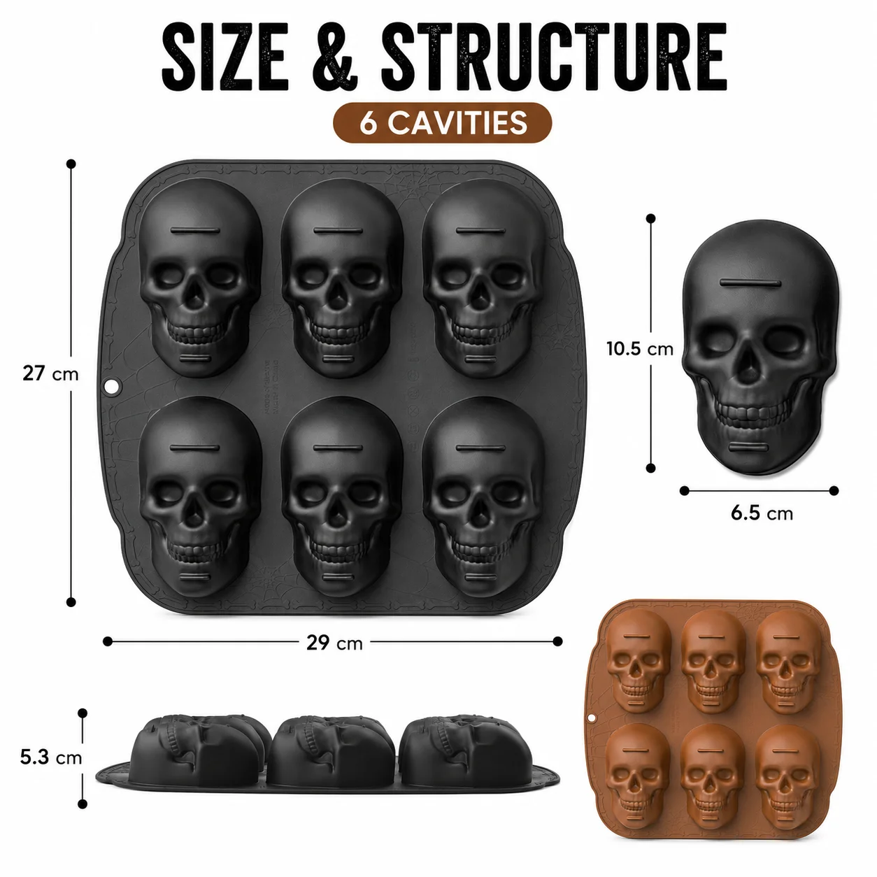 6-fach Totenkopf-Kuchenform aus lebensmittelechtem Silikon – leicht zu entformende Backform für gruselige Halloween-Party-Desserts und Schokolade – Detail 4