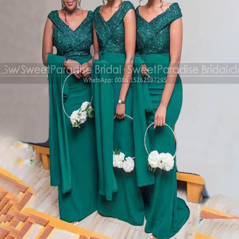 

Shiny Sequins Mermaid Bridesmaid Dresses Waistline Cap Deep V Neck Customized Long Trumpet Plus Size Party Dress Maid Of Honor