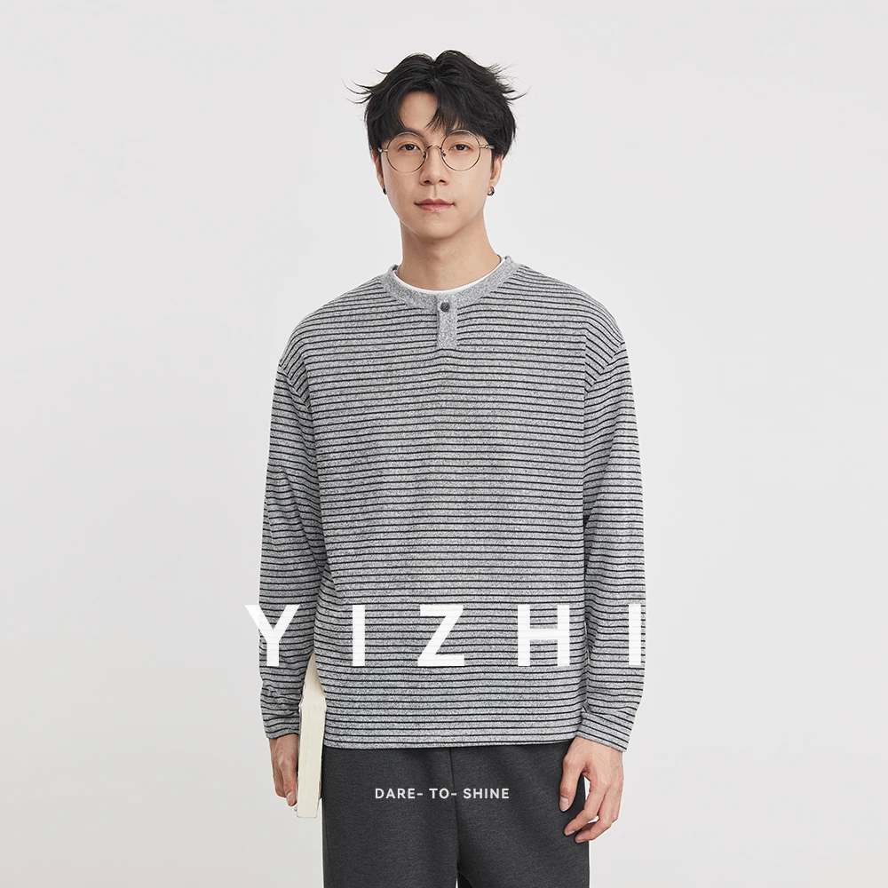 260g Striped Knitted Henley Neck Long Sleeve T-Shirt Men 2026 Spring Autumn Textured Design Casual