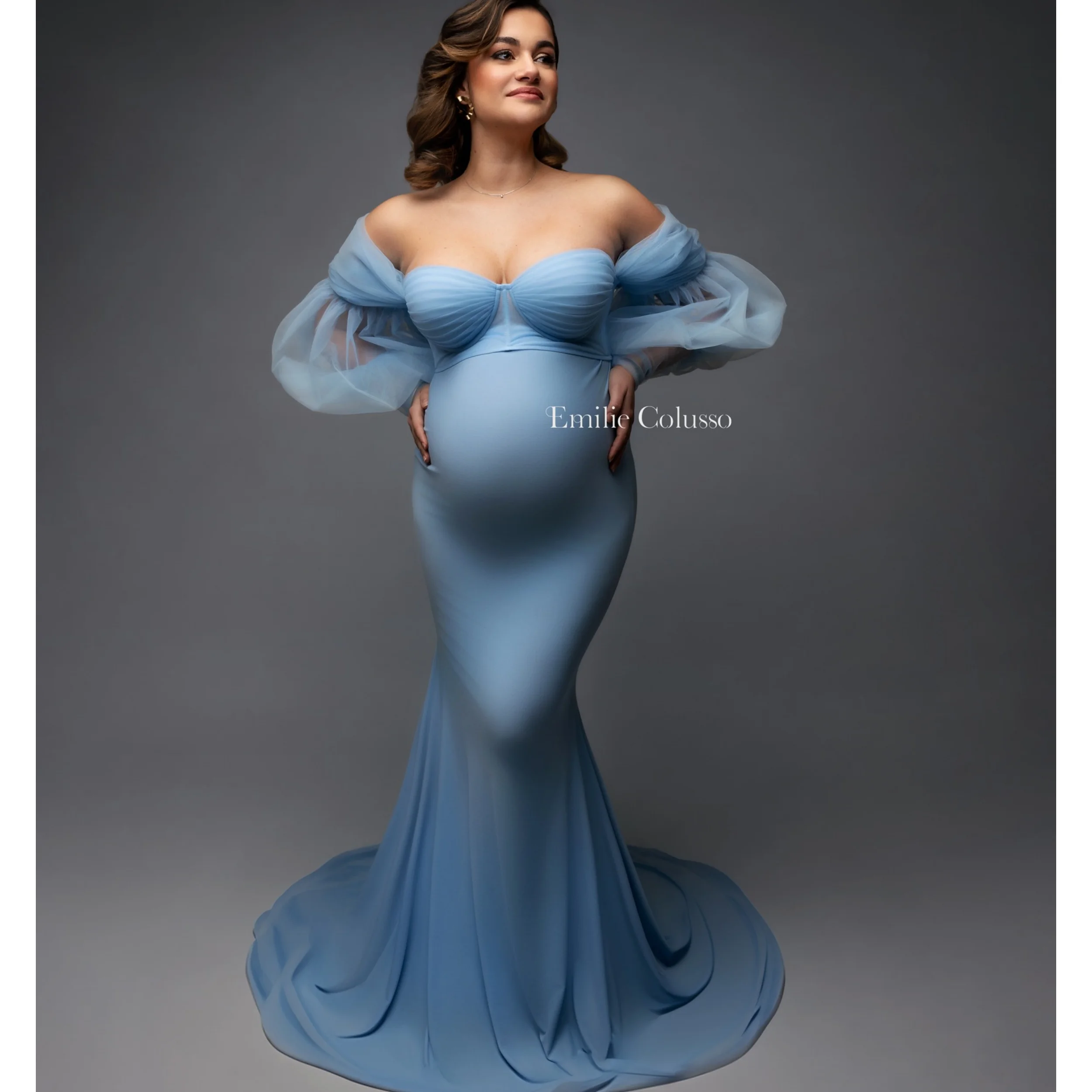 Robe Sirène Bleu Ciel pour Femme Enceinte, Tenue Éducative pour Séance Photo, Personnalisée