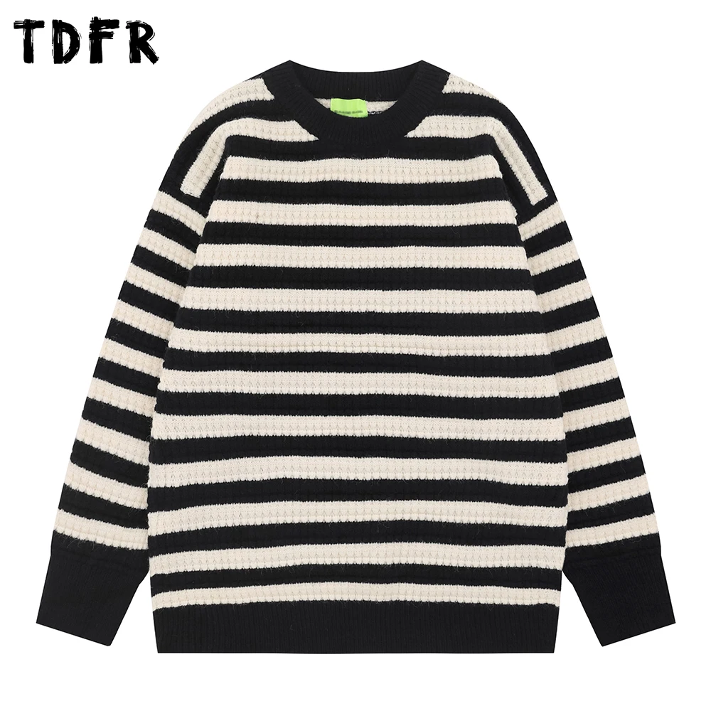 

Horizontal Striped Sweater Mens Casual Retro Autumn Winter Crew Neck Loose Long Sleeve Knitted Pullover Man