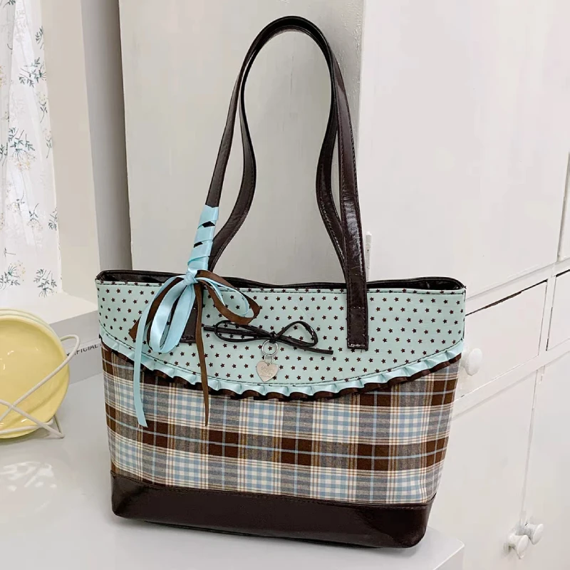 

Bowknot Polka Dot Grid Shoulder Bag,Women Plaid Lace Contrast Color Patchwork Handbag,Cute Sweet Elegant Large Capacity Tote Bag