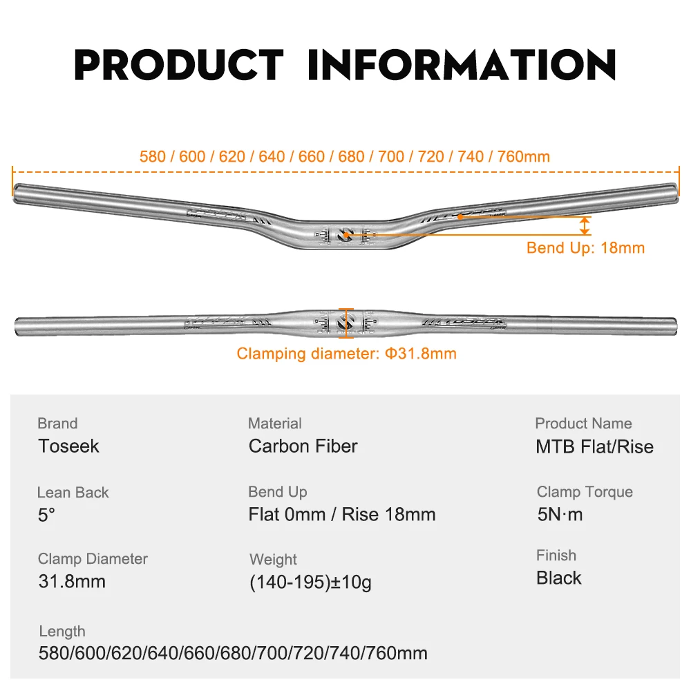 TOSEEK MTB Carbon-Lenker Fahrradlenker 31,8*580-720/740/760mm Matt Schwarz Lenker für Mountainbike-Zubehör