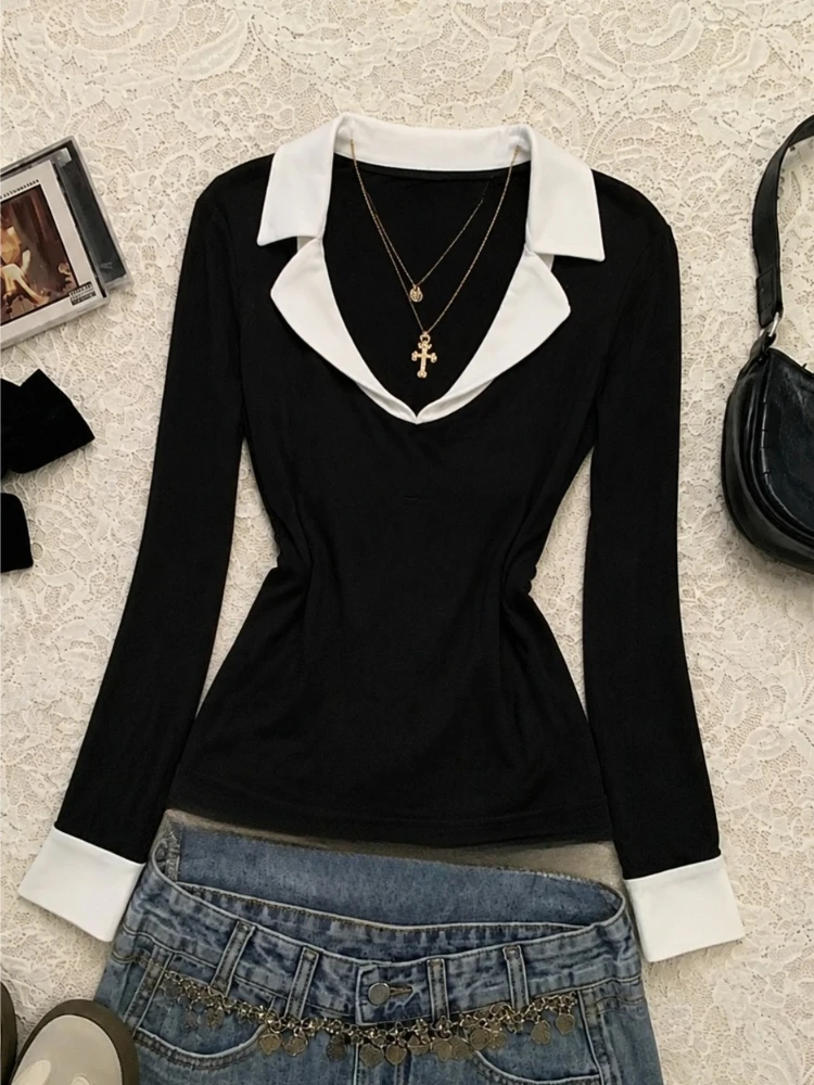 2026 Autumn Y2K Vintage Korean Retro Long Sleeve Tops Women Fake Two Piece Patchwork Fairy Sweet Ruffle Casual Shirts Blouse