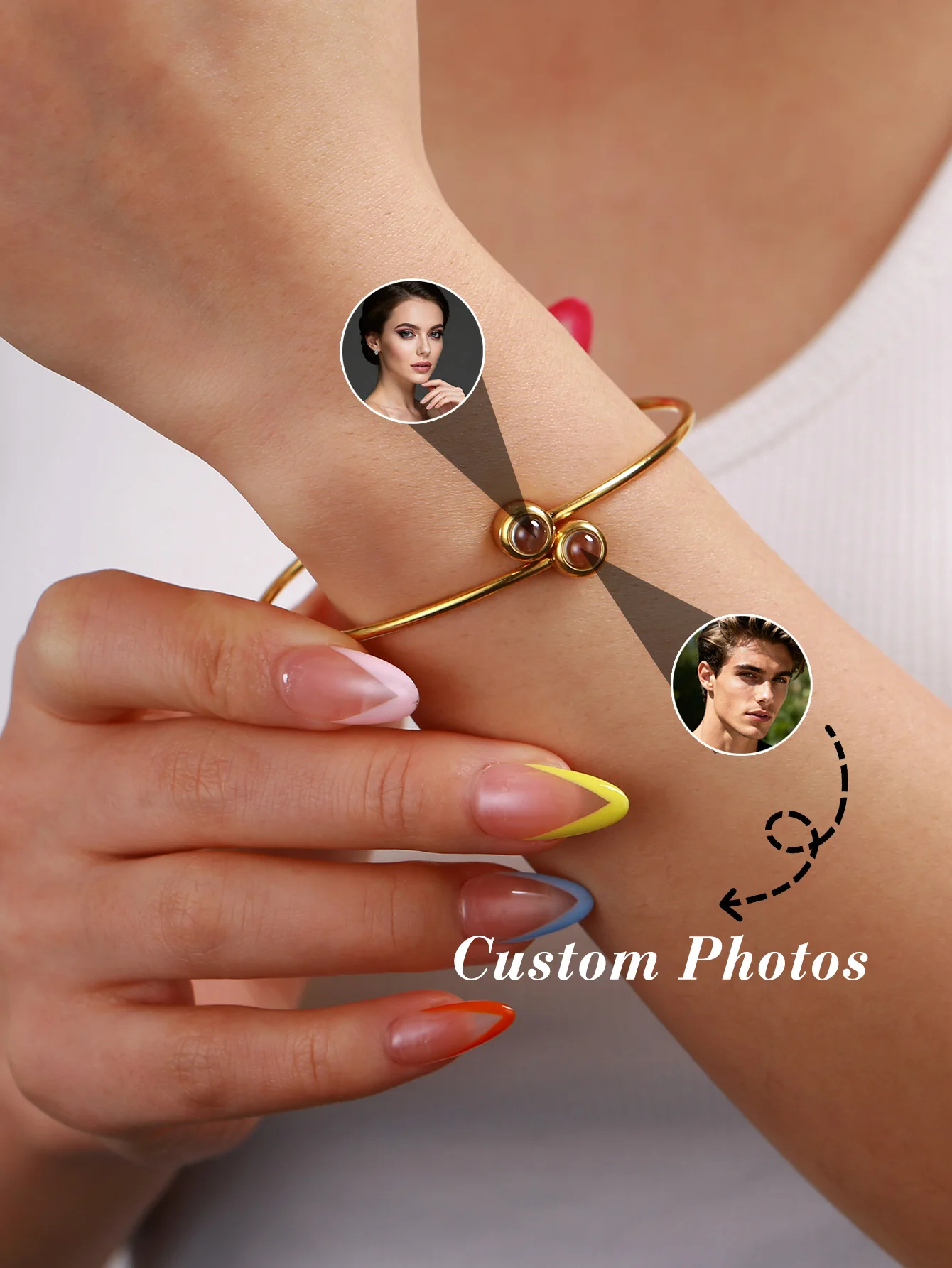 18K Gold Customizable Projection Bracelet with Dual Photo Stainless Steel Vacuum Plated Personalized Jewelry Accessory