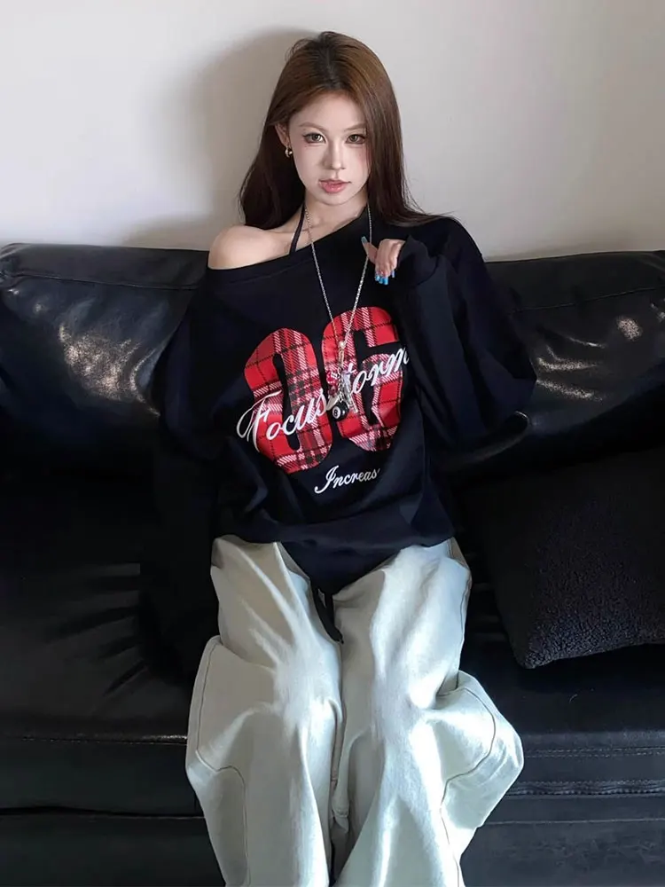 Y2K Sport Casual Oversize T Shirt Women Long Sleeve Off Shoulder Top Back School Vintage Basic Tees Autumn Winter New