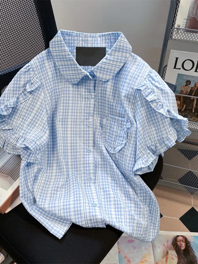 

Summer Plaid Bubble Sleeve Women's Shirt Sweet Design Unique Small Shirt Top Korean Style Loose Fit Short Sleeve Korean Fashion
