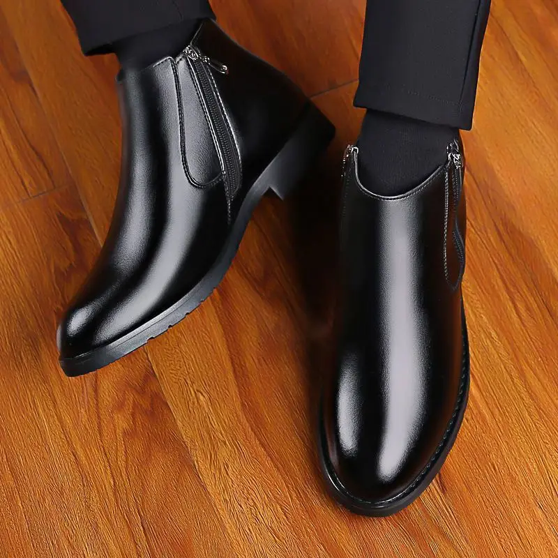 Mens Plush Lined Thermal High Ankle Invisible Elevator Leather Shoes Thick Dad Boots