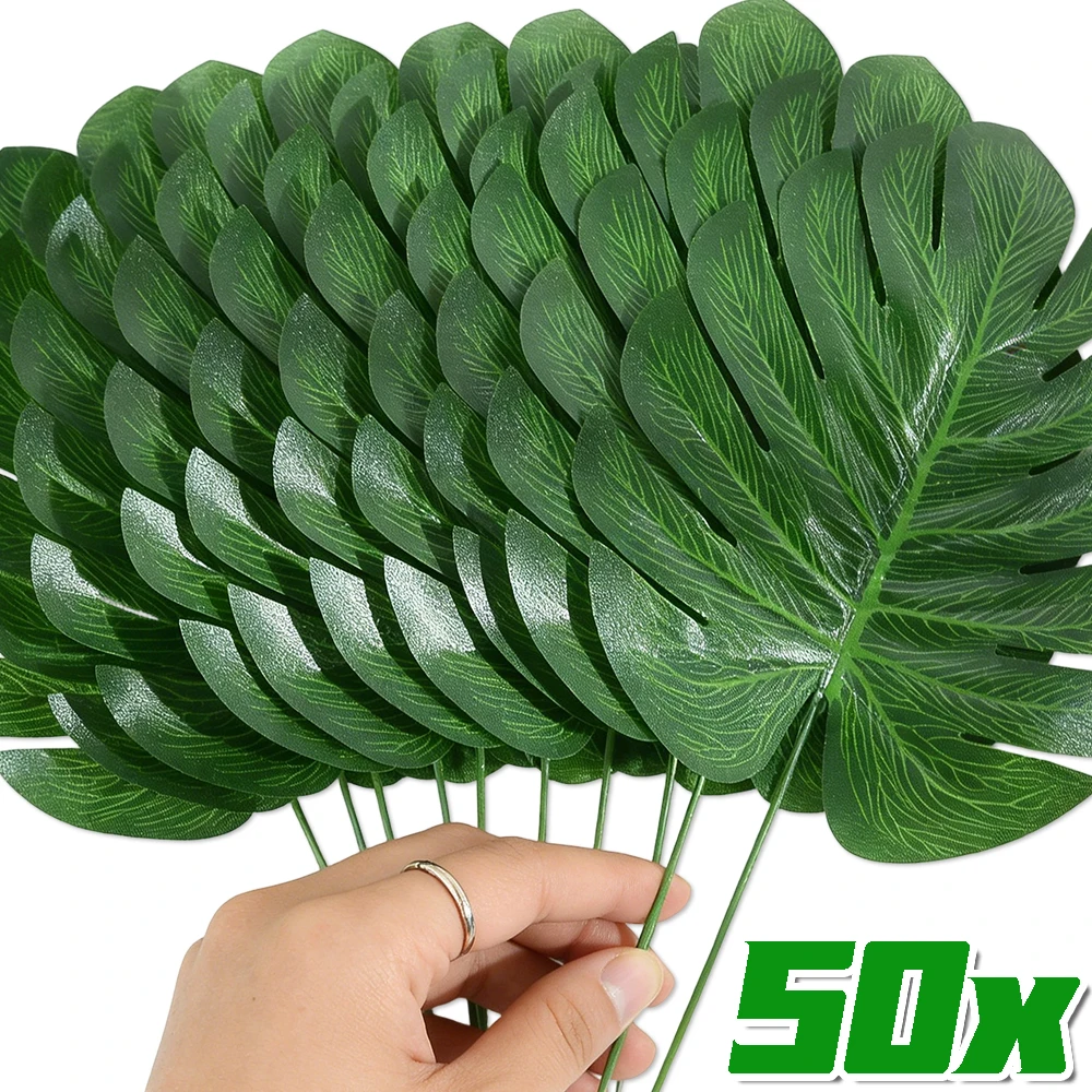Hojas de Palma Monstera Artificiales Verdes al por Mayor con Tallo, Hoja de Tortuga Falsa, Decoración para Fiestas de Cumpleaños con Temática de Playa y Jungla, Decoración para el Hogar
