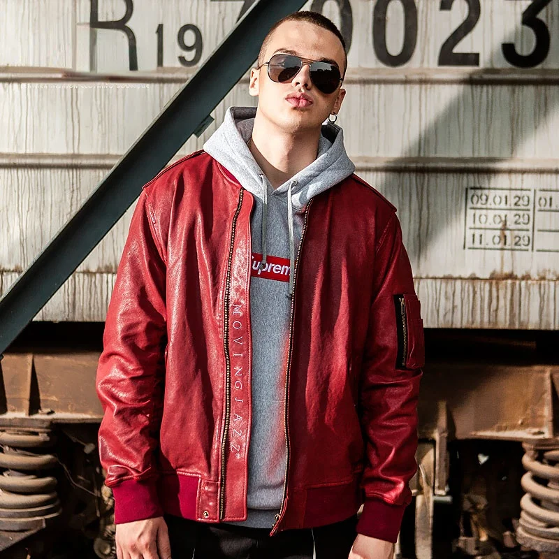 

Spring and Autumn Sheepskin Genuine Leather Clothes Pilot Jacket Mens Baseball Uniform Thin Motorcycle Coats Black Red