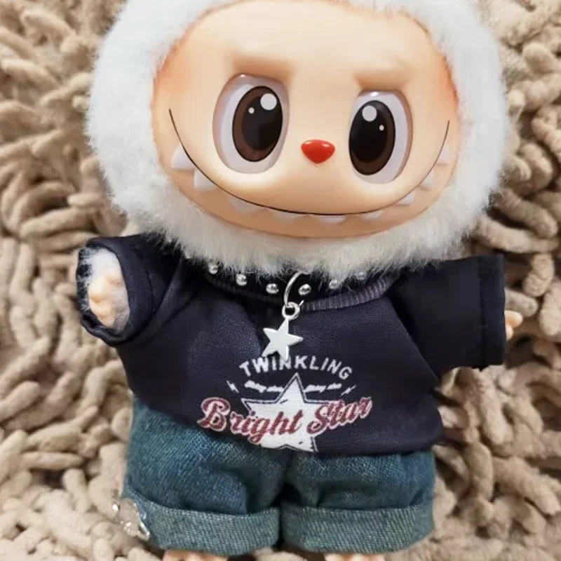 

For Labubu Clothes For 15/17cm V1V2V3 Plush Idol Doll Hip Hop T-Shirt Pants Necklace 3PCS/Pack Decoration Accessories Fans Gift