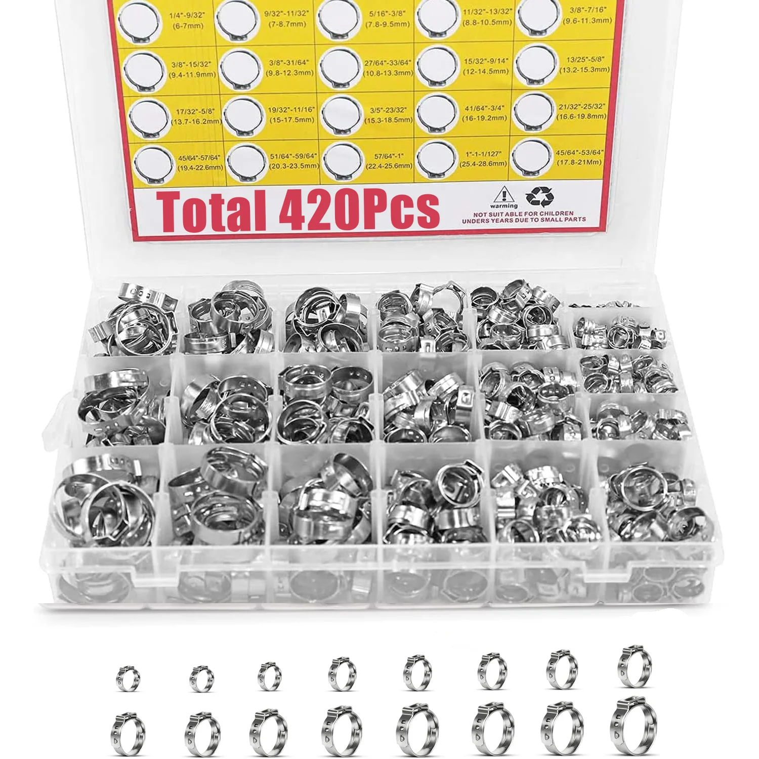 

420pcs Hose Clamps 5.8-28.6mm Single Ear Stepless 304 Stainless Steel Hose Clamps Cinch Clamp Rings for Sealing Kinds
