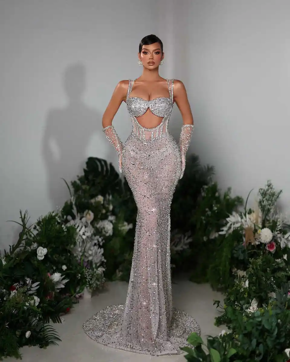 Sexy Mermaid Gown Wedding Dresses Spaghetti Strap Rhinestones Evening Dresses Special Occasion Gowns Vestido De Noiva Customized