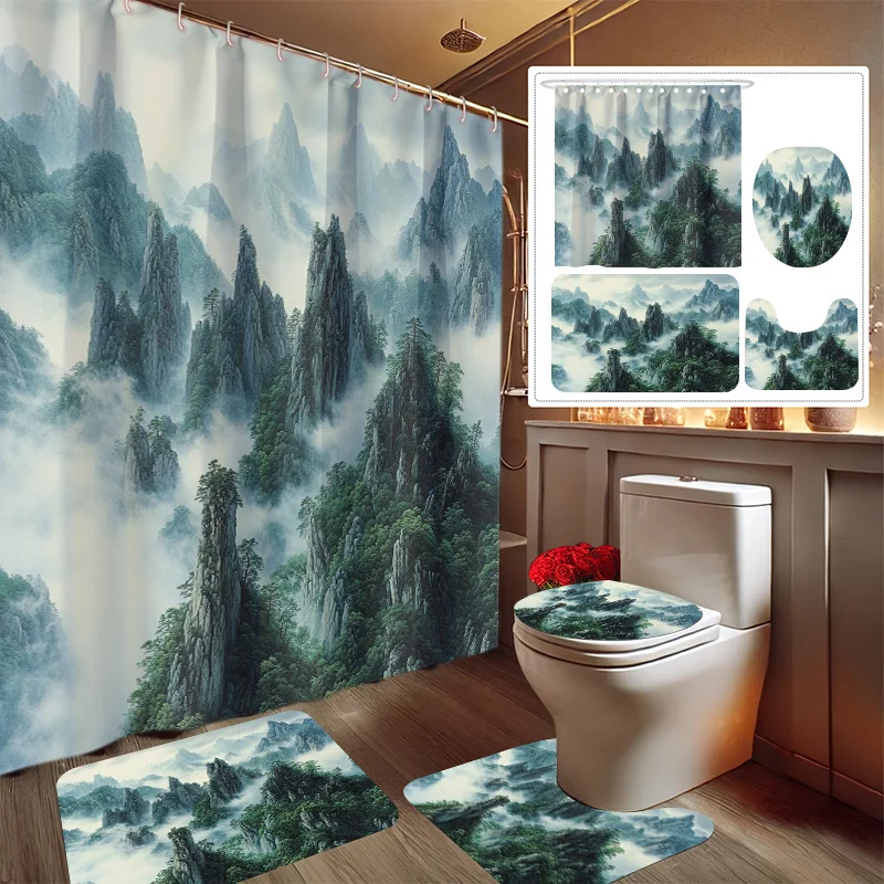 

4pcs Majestic Cloud Sea Mountain Print Shower Curtain Set, Bathroom Decor Kit Includes Shower Liner, Non-Slip Mat, Toilet Cove