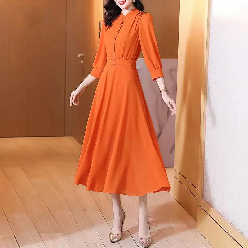 Dress Women Casual Vintage Three-Quarters Sleeve Summer Dress High Quality Vestidos Boho Style Ladies Party Mid Long Dress 2025