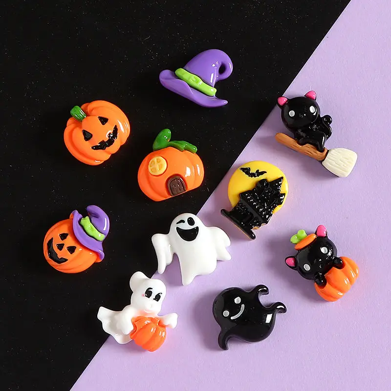 10pcs Halloween Resin Fridge Magnets, Ghost Festival Pumpkin Bat Castle DIY Cream Glue Phone Case Accessories,with Adhesive Glue