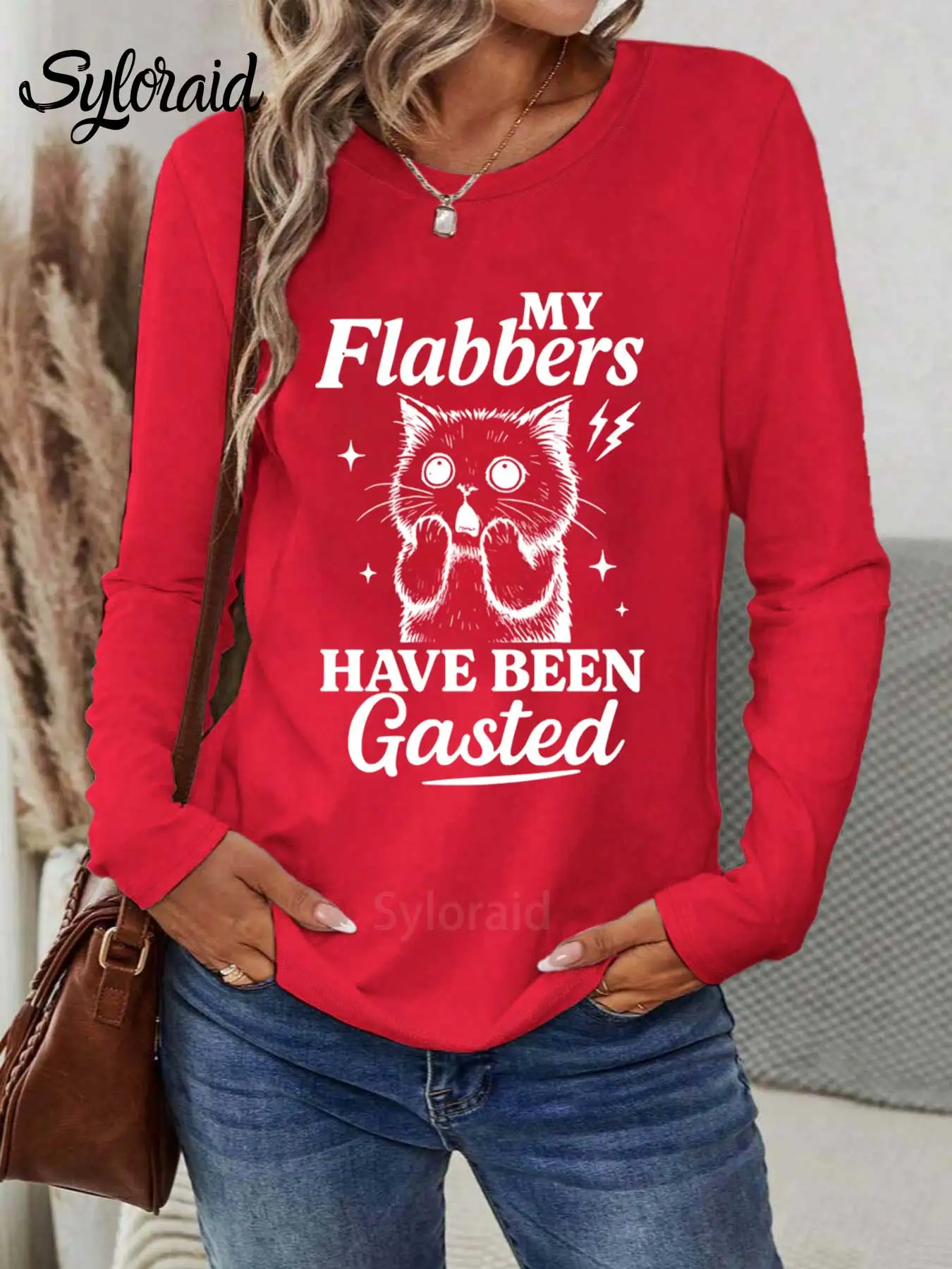 المرأة طويلة الأكمام تي شيرت بلدي الزهور تم رغبت تي شيرت ريترو مضحك القط قميص موضة الجولة الرقبة رداء علوي غير رسمي #3