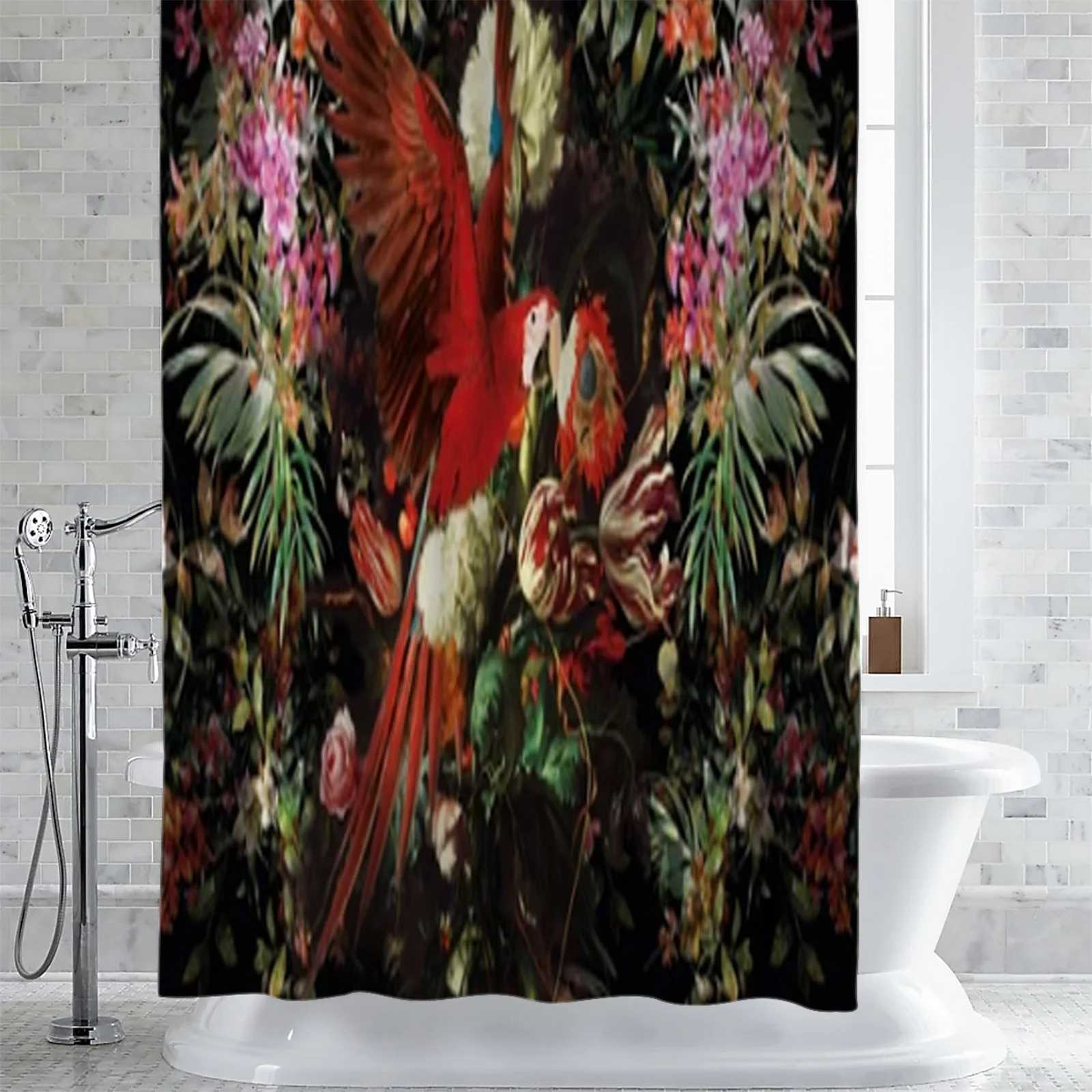 Red Parrot Flowers On Black Background Shower Curtain Waterproof Polyester Bath Curtain Home Decor Bathroom Accessory Curtain