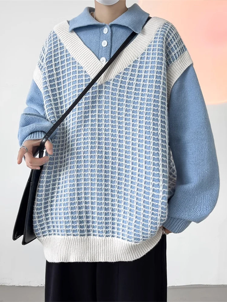 

Мужской зимний вязаный свитер American College свободного кроя, имитация двухслойности, в стиле Lazy Sle, верхняя одежда