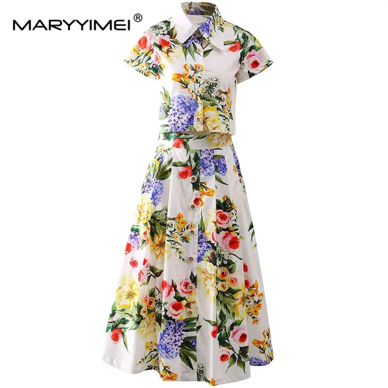 MARYYIMEI Fashion Women's New Shirt Collar Short-Sleeved Single-Breasted Printed Shirt Top+Elegant  A-Line Half Skirt Two-Piece