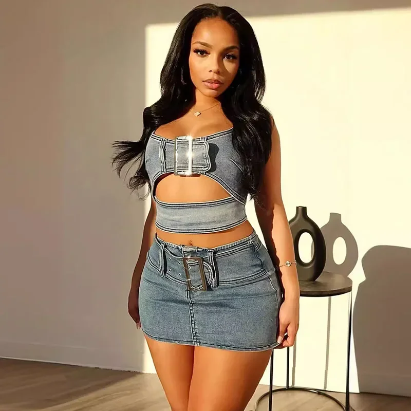 

Сексуальный вечерний ночной джинсовый комплект из 2 предметов, женский наряд на день рождения, укороченный топ на пуговицах и мини-юбка, одинаковые комплекты