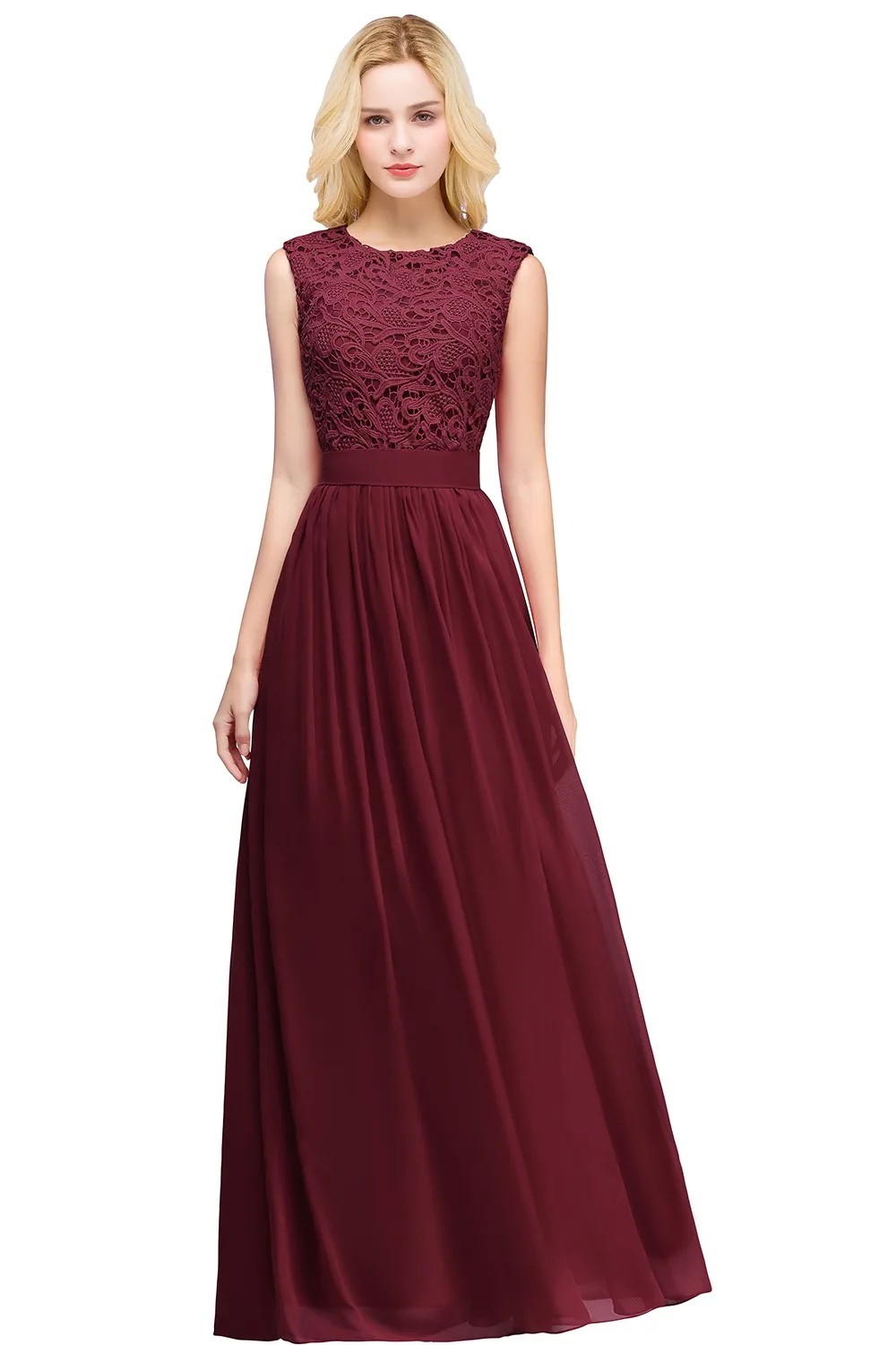 A Line Bateau Neck Chiffom Burgundy Bridesmaid Dresses with  Lace Bodice - Sleeveless Long Formal Prom Gowns for Wedding Party