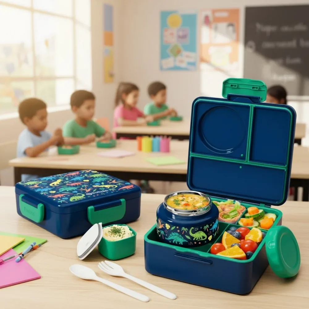 

Kids Adult Bento Lunch Box 3-4 Compartment 60OZ Leakproof Insulated Food Jar Utensil Dishwasher Safe