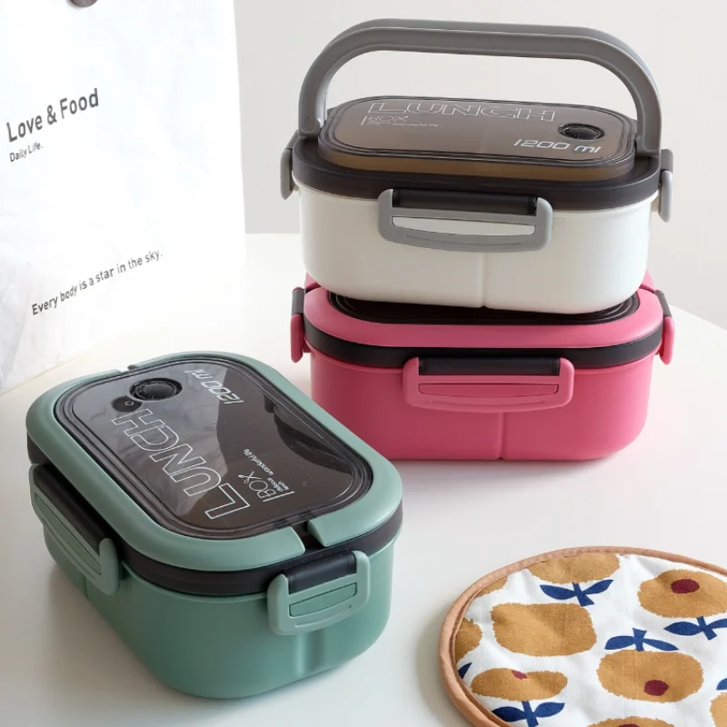 

Lunch Box 2 Layers Grids Student Office Worker Microwave Hermetic Bento Box Outdoor Picnic Fruit Food Container with Fork Spoon