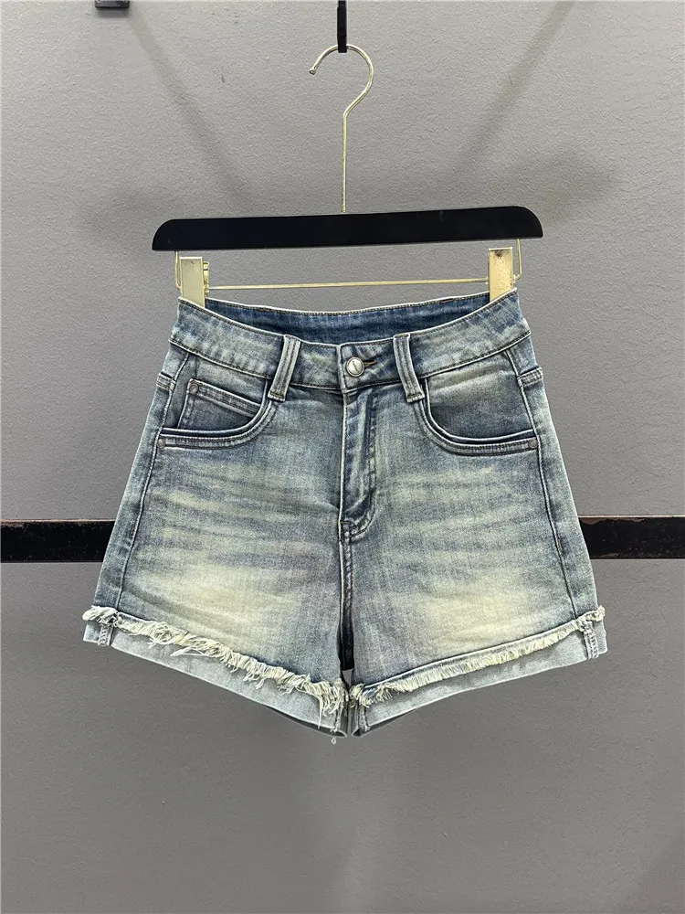 

American Retro High Waist Frayed Denim Shorts Women's Summer Design Elastic Slimming Hot Pants Casual High Waist Cotton Stret...