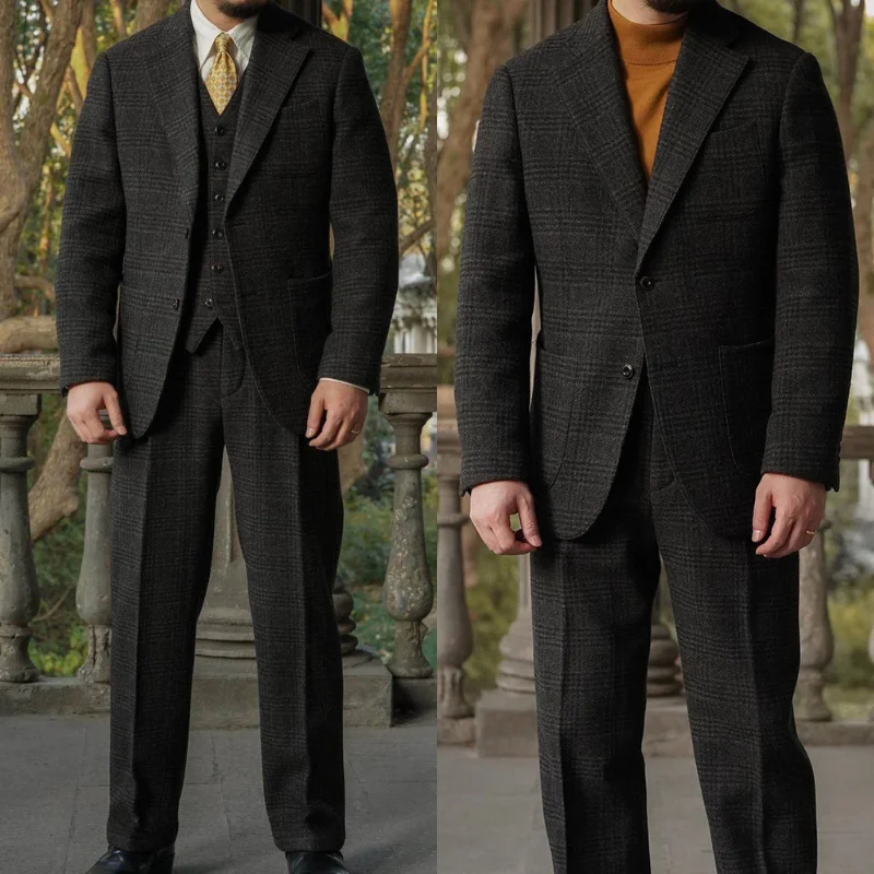 

British Retro Plaid Suit 3-piece Set (jacket+pants+vest) Single Breasted Jacket for Autumn and Winter Casual Suit