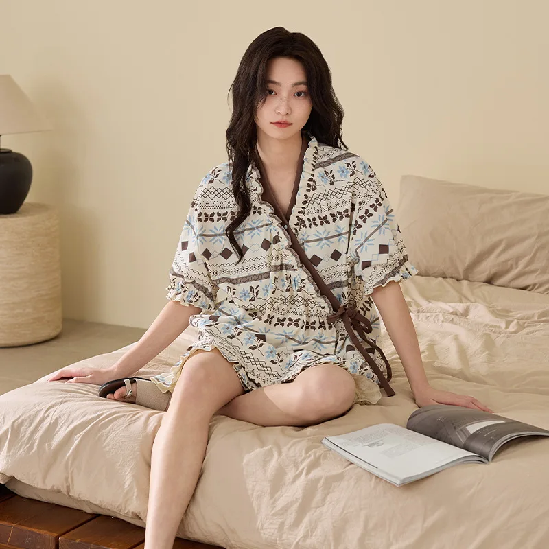 

Women's Summer Breathable Kimono Pajamas 2pcs Set Short Sleeve Shorts Big Size M-3XL Female Young Girl Nightwear 2026 New Design