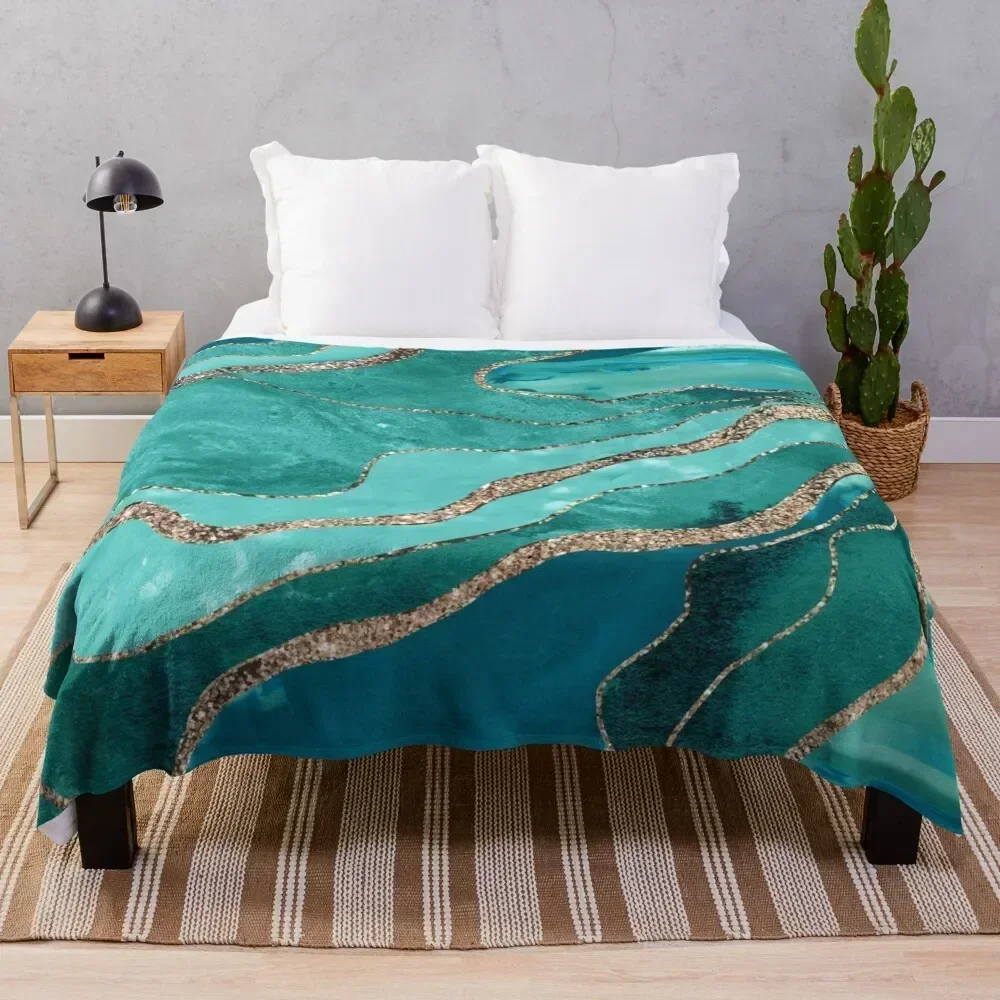 

Soft Turquoise Teal Marble Agate Gold Glitter Glam #1 (Faux Glitter) #decor #art Throw Blanket