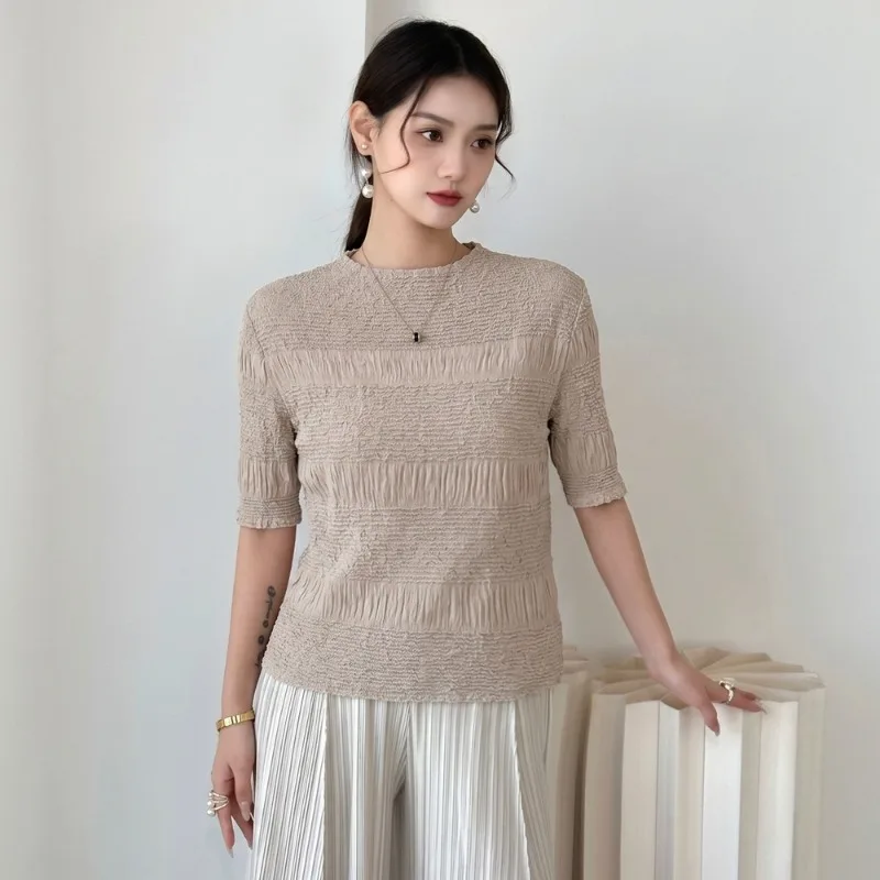 Miyake Wave Patchwork Short Sleeve T-Shirt 2026 Summer New Simple Solid Color Elegant Commuter Women's Lightweight Stretch Top
