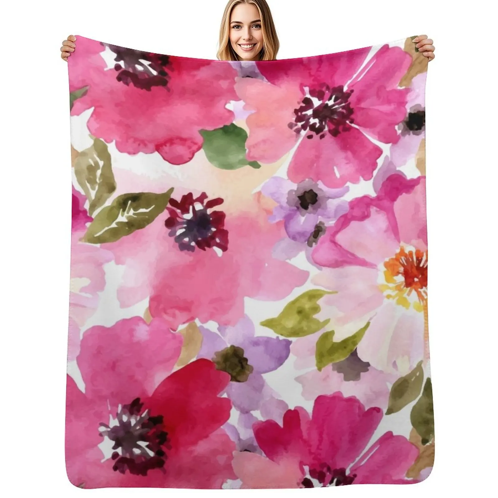 Watercolor Flowers Pink Fuchsia Throw Blanket Cozy Warm Blanket for Bed Room Decor