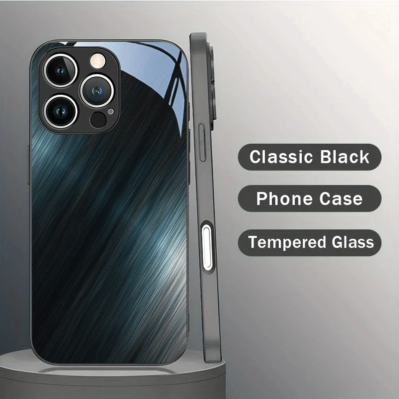 Phone Case: Tempered Glass Phone Case with Diagonal Blue Deep Line Pattern in Black for iPhone 16/16 Plus/16 Pro/16 Pro Max