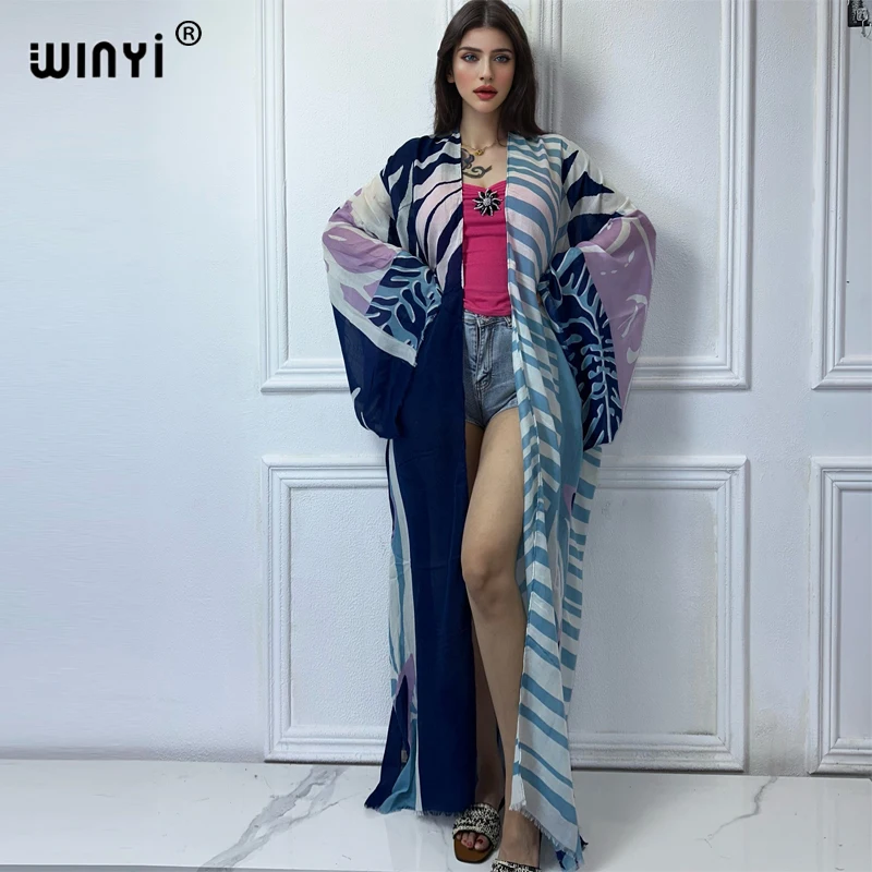 WINYI kimono Bohemia print cardigan abaya dubai luxury Elegant beach outfits cover-up sexy cotton feeling kaftan dresses womens