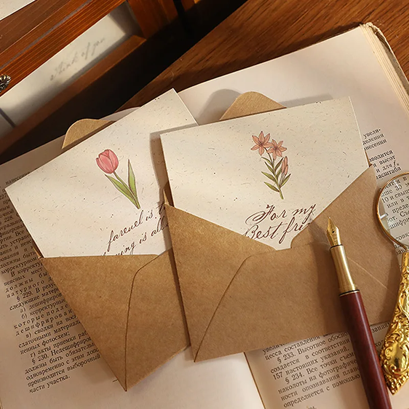 

2sets Vintage Kraft Paper Envelopes with Greeting Cards Kawaii Seal Sticker New Year Christmas Gift Wrap Bag Invitation Cards