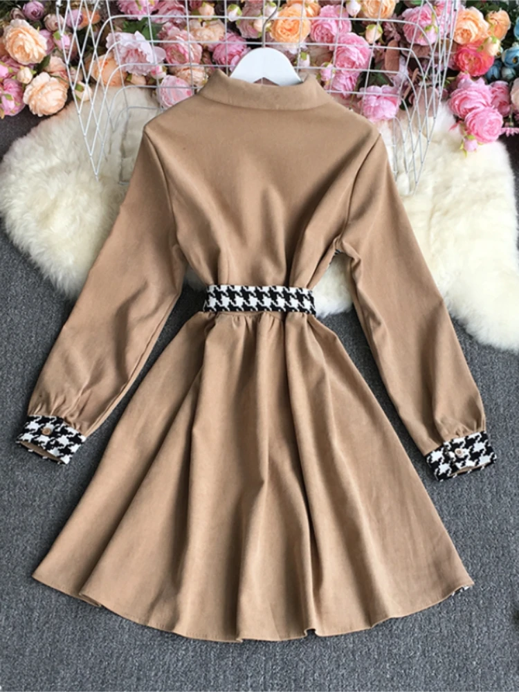 New Women Elegant Shirt Dress Spring Summer Patchwork Houndstooth Vintage Dresses Ladies A Line Bandage Dress Short Robe