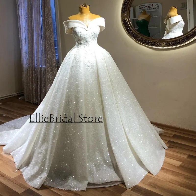 Vestidos De Novia De lentejuelas brillantes con hombros descubiertos, Apliques De encaje árabe, Vestidos De Novia De Dubái, Vestidos De Novia Civil personalizados