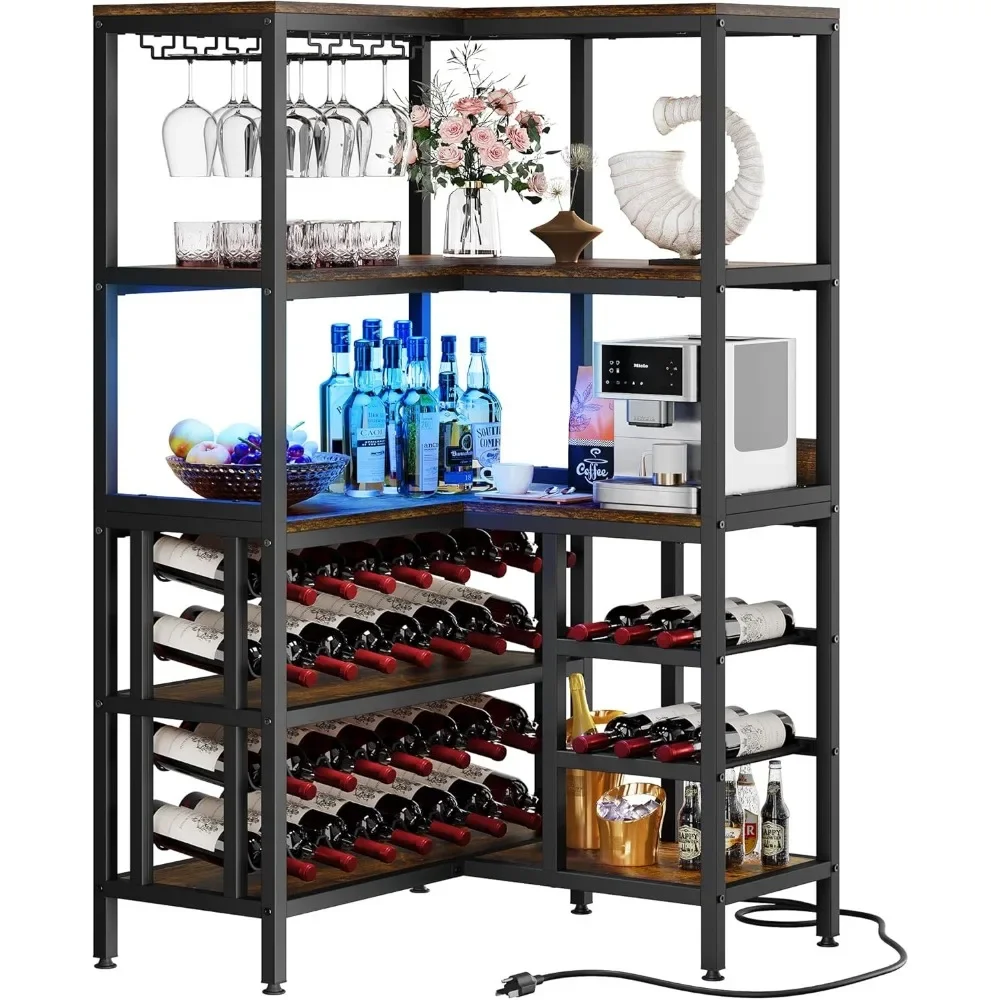 Large Corner Wine Rack, 63'' Corner Bar Cabinet with Power Outlet and LED Light, 5-Tier L Shaped Industrial Liquor Cabinet