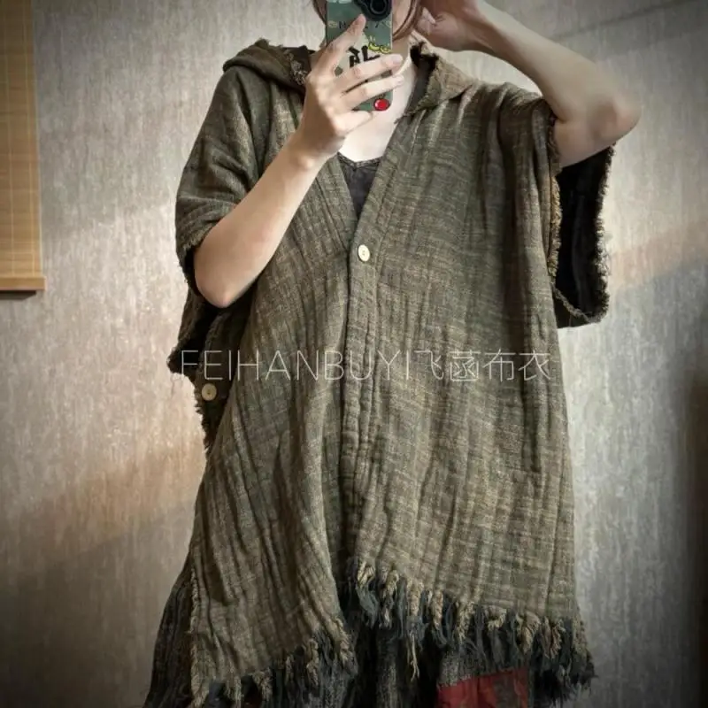 

New Arrival Spring Autumn Arts Style Women Batwing Sleeve Loose Cloak Coat High Quality Cotton Linen Vintage Hooded Cape Jacket