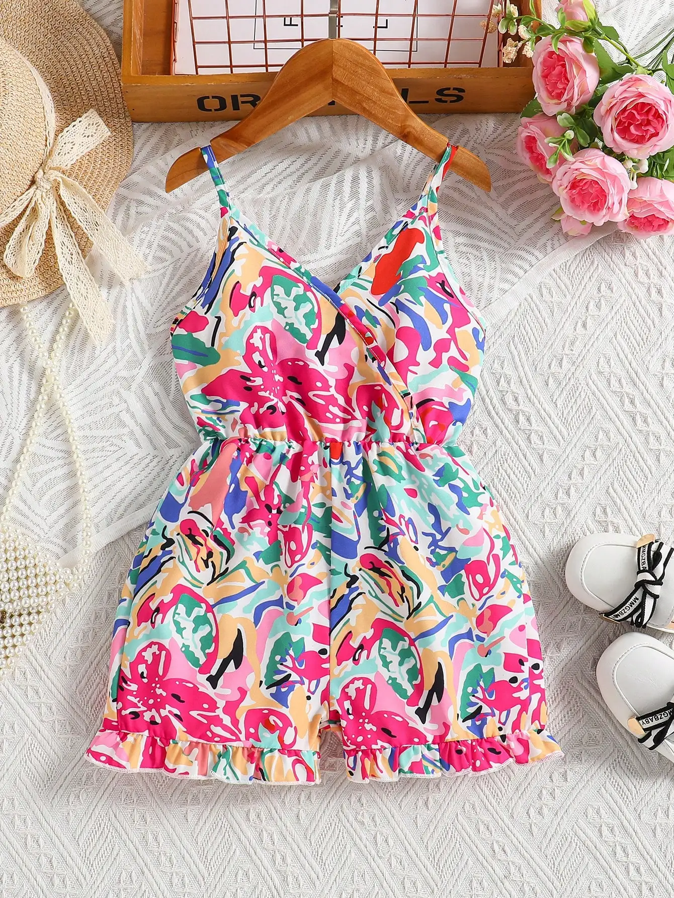 

Summer Girls' Jumpsuit Casual Vacation Flower Print 4-7-Year-Old Princess Camisole Jumpsuit