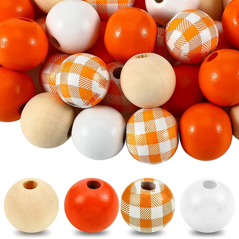 160 Pcs Craft Plaid Wood Round Beads Colorful Farmhouse Beads For Christmas Craft DIY Beads Garland